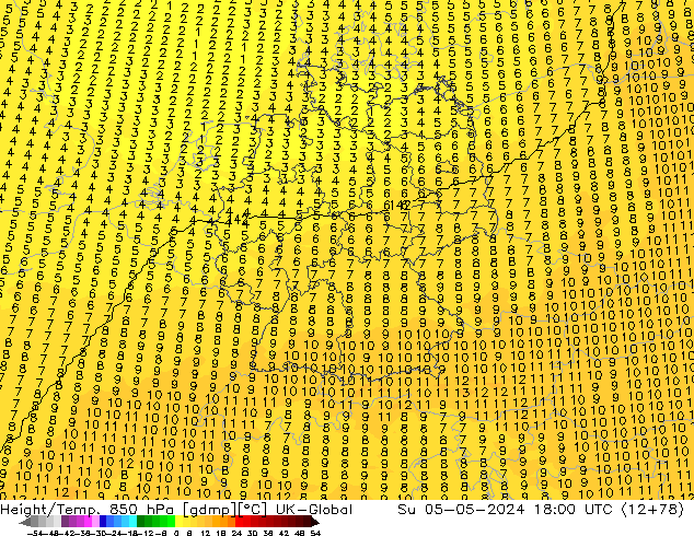 Height/Temp. 850 hPa UK-Global Su 05.05.2024 18 UTC