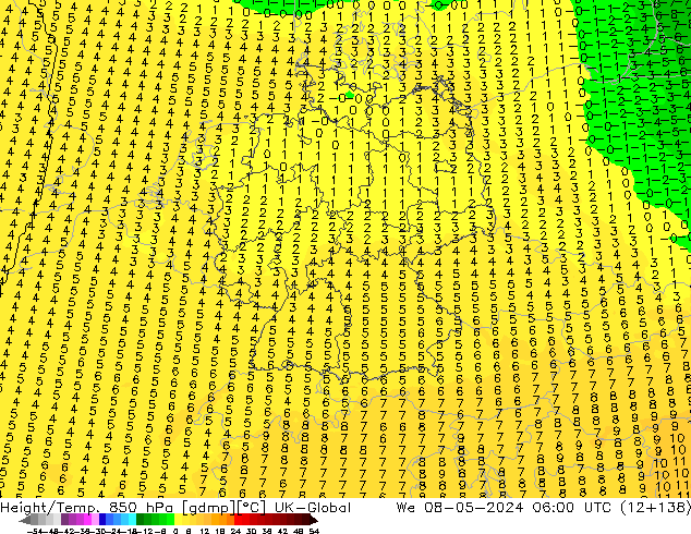 Hoogte/Temp. 850 hPa UK-Global wo 08.05.2024 06 UTC