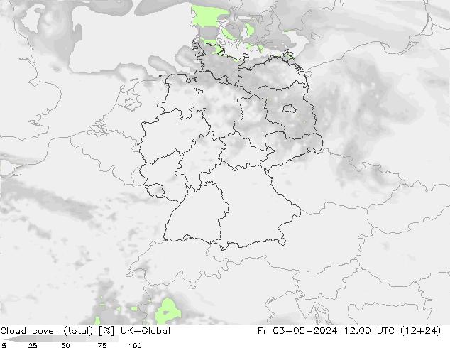 Cloud cover (total) UK-Global Fr 03.05.2024 12 UTC