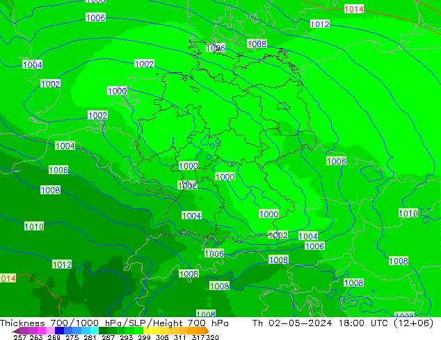 Thck 700-1000 hPa UK-Global 星期四 02.05.2024 18 UTC