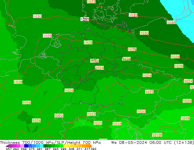 Thck 700-1000 hPa UK-Global mer 08.05.2024 06 UTC