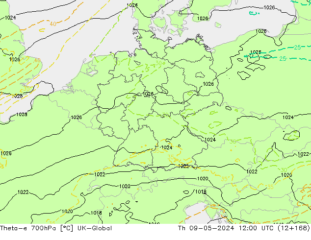 Theta-e 700hPa UK-Global Th 09.05.2024 12 UTC