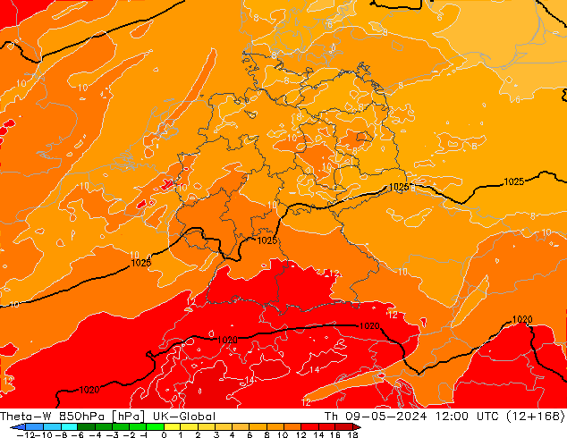 Theta-W 850hPa UK-Global Th 09.05.2024 12 UTC