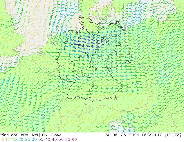 Wind 850 hPa UK-Global So 05.05.2024 18 UTC