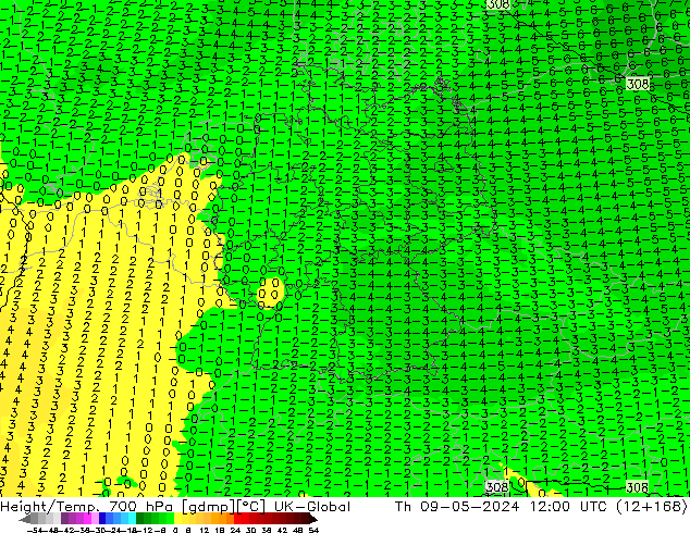 Height/Temp. 700 hPa UK-Global Th 09.05.2024 12 UTC