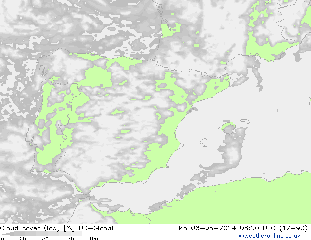 Cloud cover (low) UK-Global Mo 06.05.2024 06 UTC