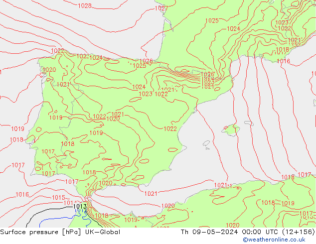 Surface pressure UK-Global Th 09.05.2024 00 UTC