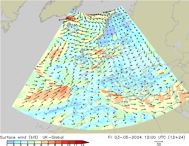 Surface wind (bft) UK-Global Fr 03.05.2024 12 UTC