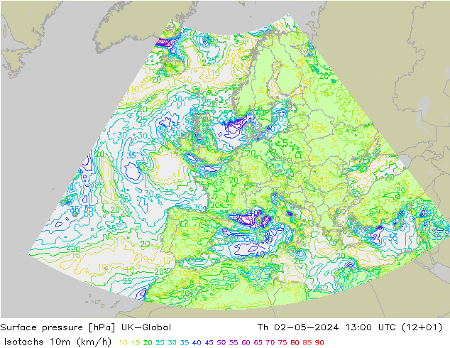 Isotachen (km/h) UK-Global do 02.05.2024 13 UTC