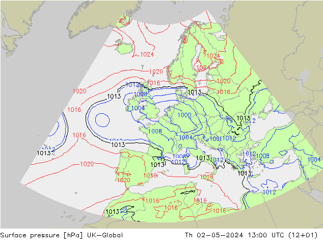 Surface pressure UK-Global Th 02.05.2024 13 UTC