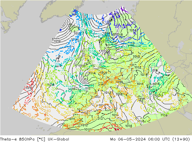 Theta-e 850hPa UK-Global Mo 06.05.2024 06 UTC