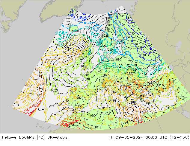 Theta-e 850гПа UK-Global чт 09.05.2024 00 UTC