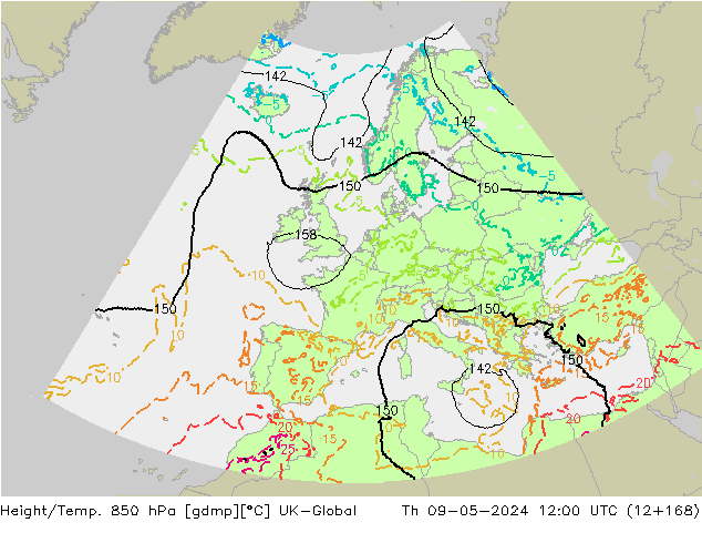 Height/Temp. 850 hPa UK-Global Th 09.05.2024 12 UTC