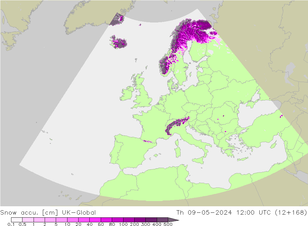 Snow accu. UK-Global Th 09.05.2024 12 UTC