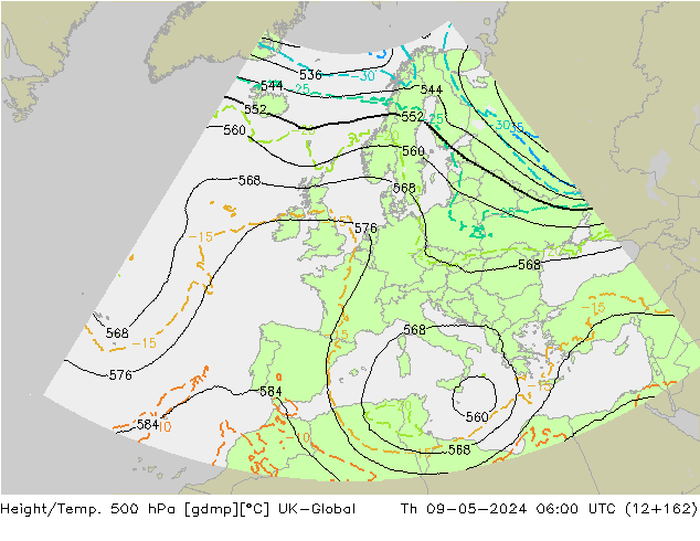 Height/Temp. 500 hPa UK-Global Th 09.05.2024 06 UTC
