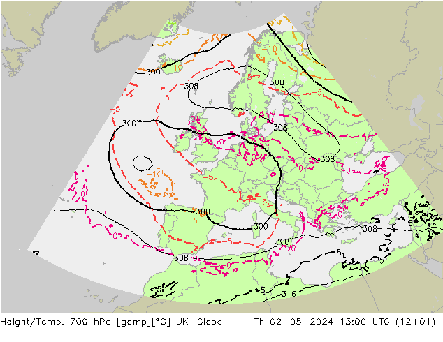 Height/Temp. 700 hPa UK-Global Čt 02.05.2024 13 UTC