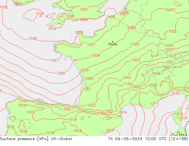 Surface pressure UK-Global Th 09.05.2024 12 UTC