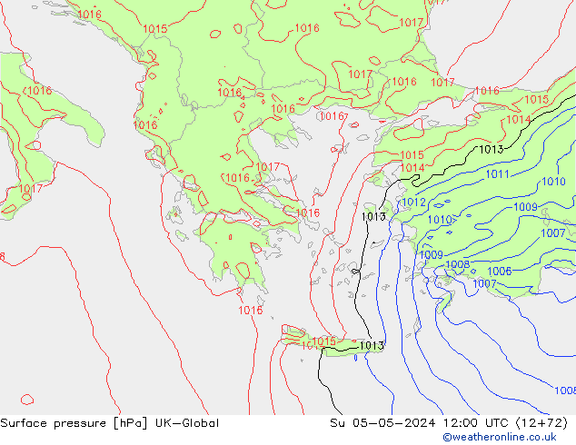 Pressione al suolo UK-Global dom 05.05.2024 12 UTC