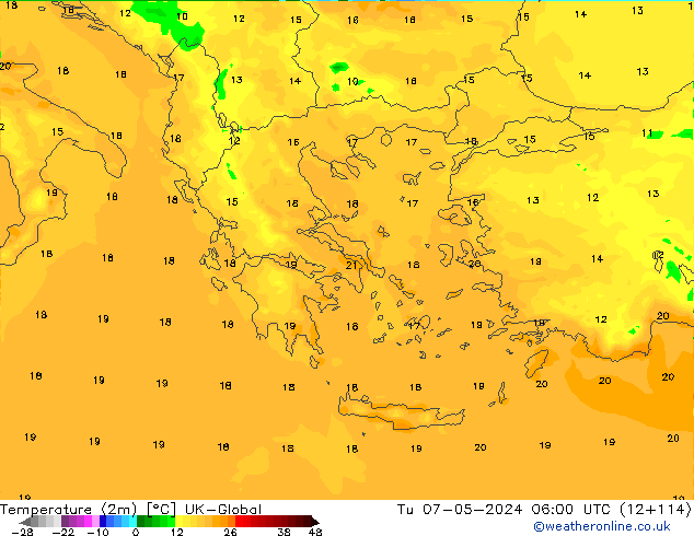 Temperaturkarte (2m) UK-Global Di 07.05.2024 06 UTC