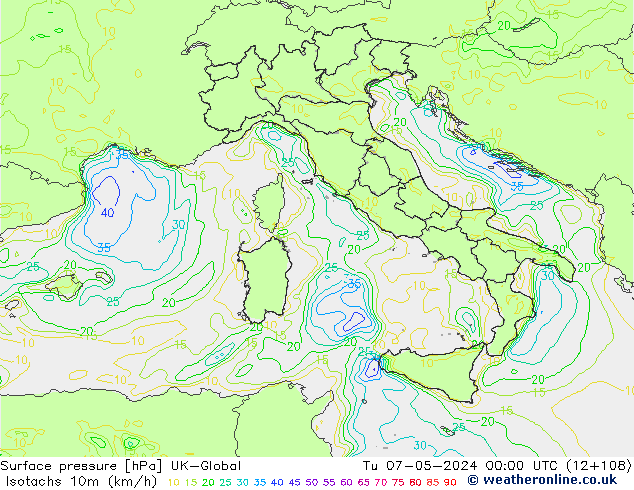 Eşrüzgar Hızları (km/sa) UK-Global Sa 07.05.2024 00 UTC