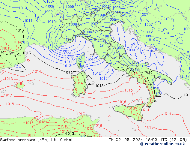 Presión superficial UK-Global jue 02.05.2024 15 UTC