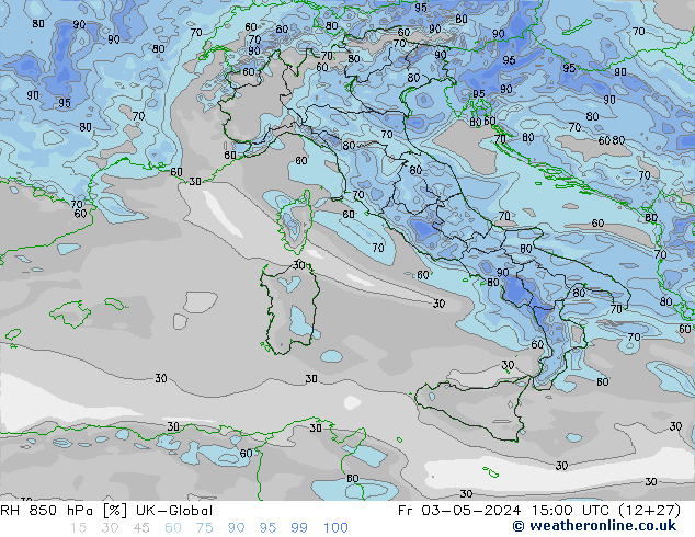 Humidité rel. 850 hPa UK-Global ven 03.05.2024 15 UTC