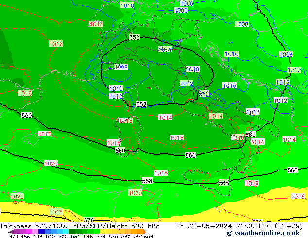 Espesor 500-1000 hPa UK-Global jue 02.05.2024 21 UTC