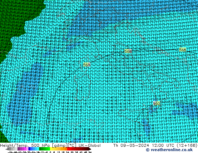 Height/Temp. 500 hPa UK-Global Čt 09.05.2024 12 UTC