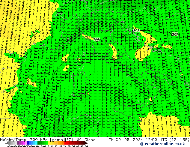 Geop./Temp. 700 hPa UK-Global jue 09.05.2024 12 UTC