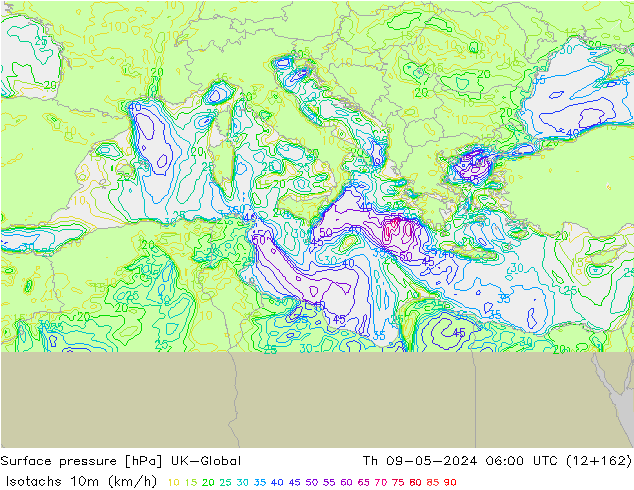 Isotachs (kph) UK-Global Th 09.05.2024 06 UTC