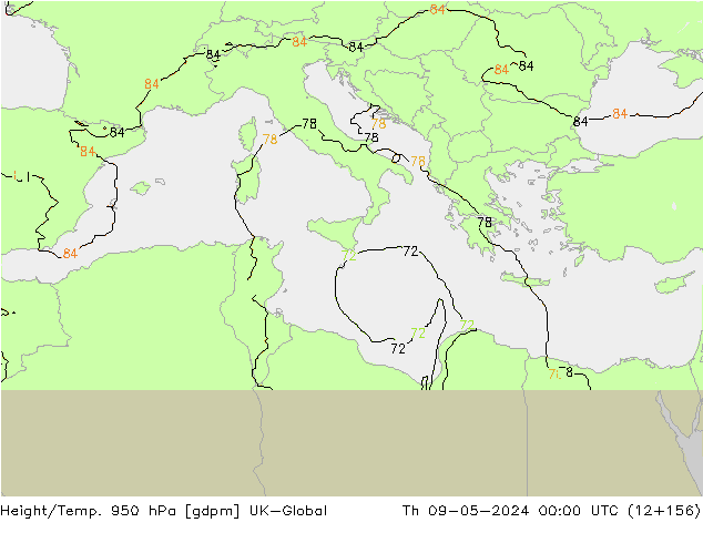 Height/Temp. 950 hPa UK-Global Th 09.05.2024 00 UTC