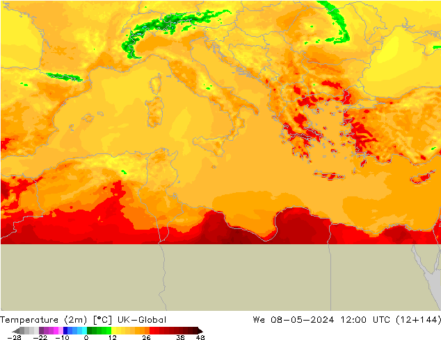 Temperatura (2m) UK-Global Qua 08.05.2024 12 UTC