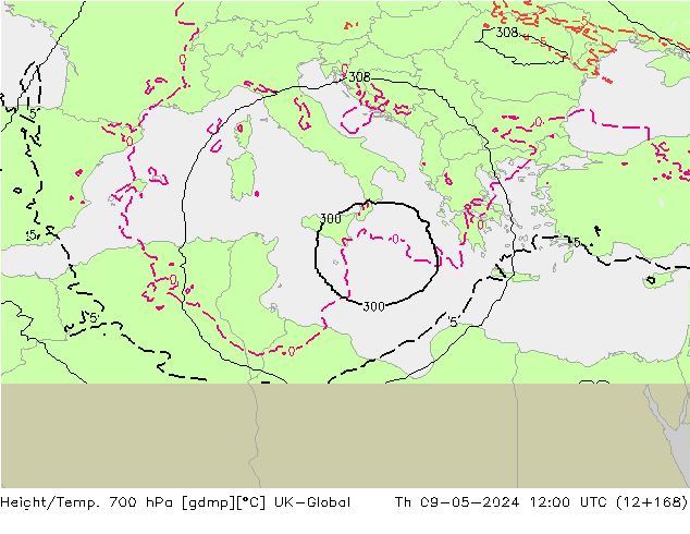 Height/Temp. 700 hPa UK-Global Do 09.05.2024 12 UTC