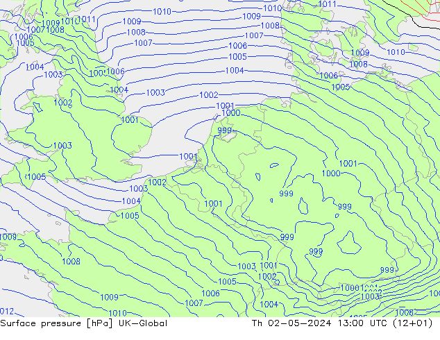 Presión superficial UK-Global jue 02.05.2024 13 UTC