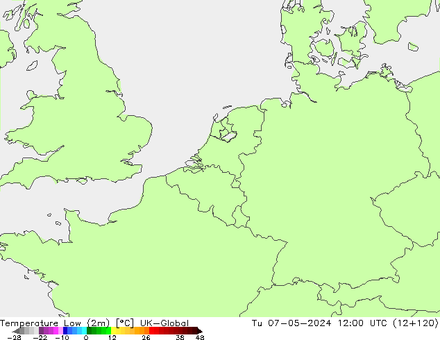 Min. Temperatura (2m) UK-Global wto. 07.05.2024 12 UTC