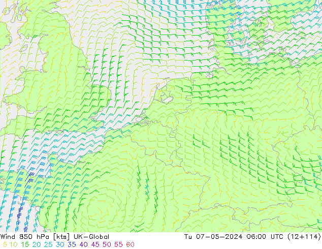 wiatr 850 hPa UK-Global wto. 07.05.2024 06 UTC