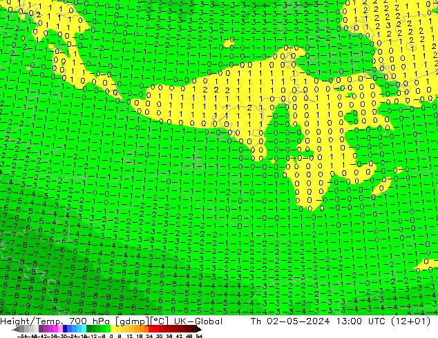 Height/Temp. 700 hPa UK-Global gio 02.05.2024 13 UTC