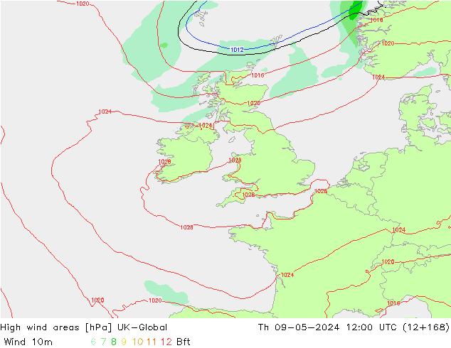 High wind areas UK-Global jue 09.05.2024 12 UTC
