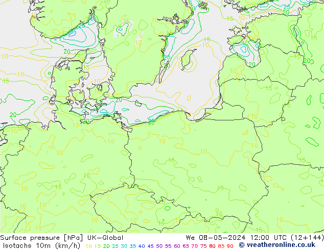 Izotacha (km/godz) UK-Global śro. 08.05.2024 12 UTC