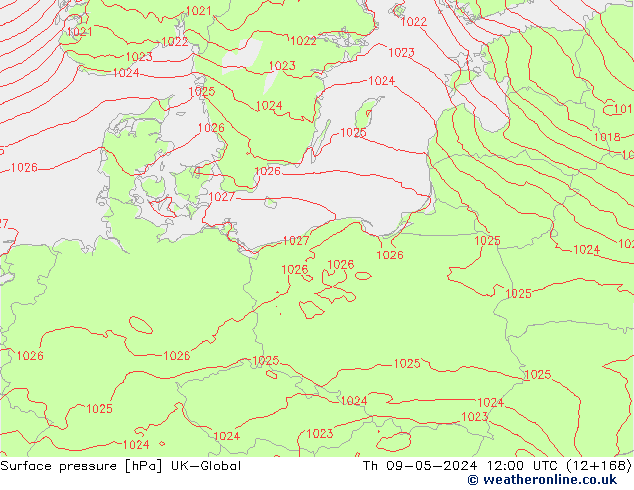 Pressione al suolo UK-Global gio 09.05.2024 12 UTC