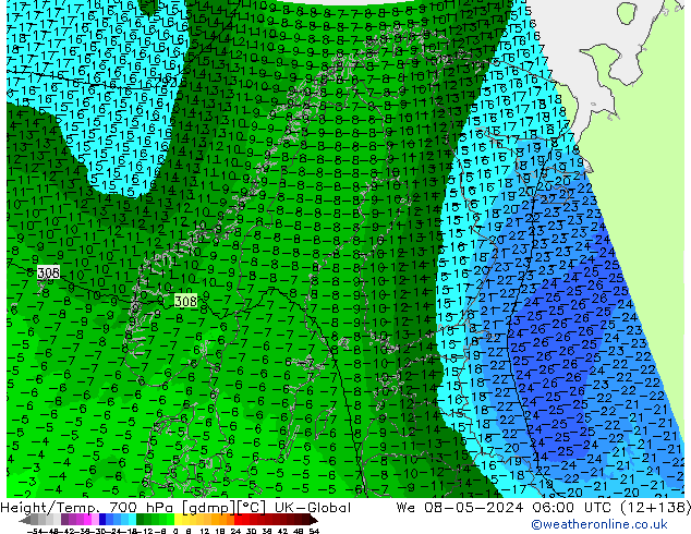 Height/Temp. 700 hPa UK-Global We 08.05.2024 06 UTC