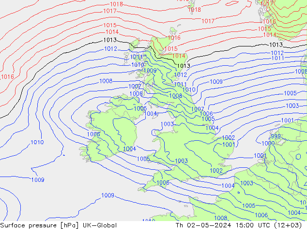 Pressione al suolo UK-Global gio 02.05.2024 15 UTC