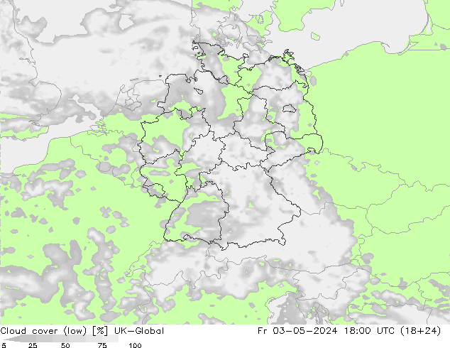 Bewolking (Laag) UK-Global vr 03.05.2024 18 UTC