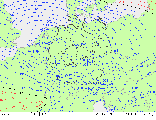 Presión superficial UK-Global jue 02.05.2024 19 UTC