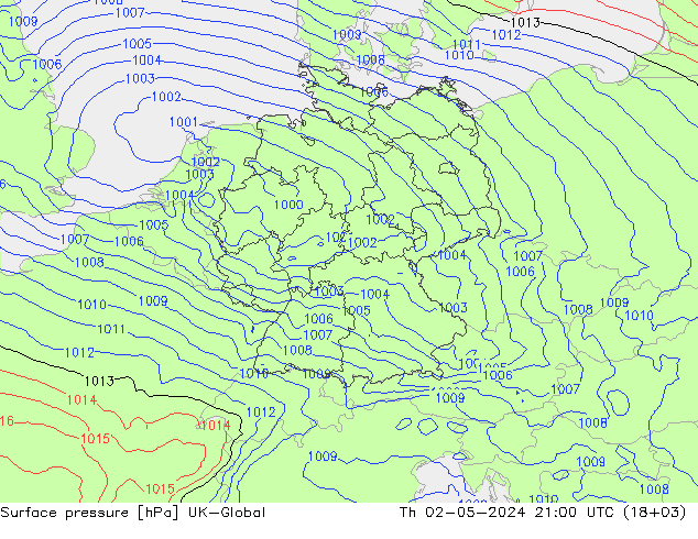 Presión superficial UK-Global jue 02.05.2024 21 UTC