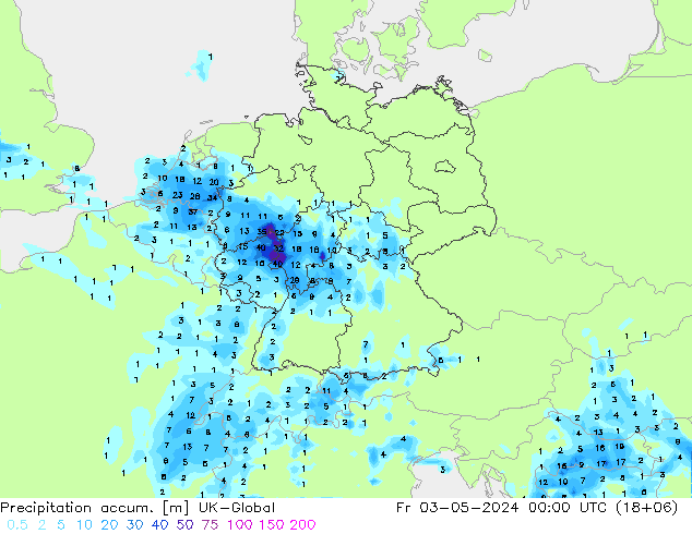 Precipitation accum. UK-Global 星期五 03.05.2024 00 UTC