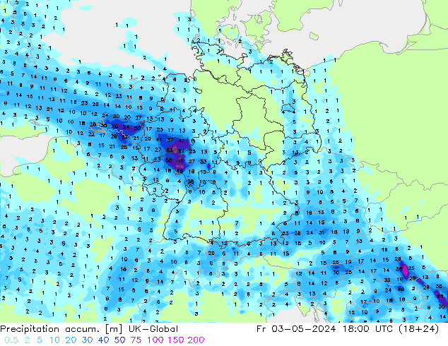 Precipitation accum. UK-Global Fr 03.05.2024 18 UTC