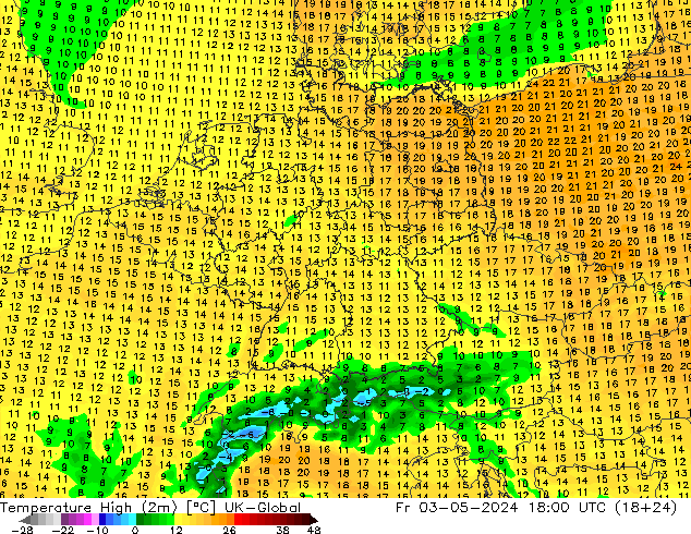 Temperature High (2m) UK-Global Fr 03.05.2024 18 UTC