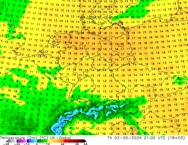 Temperaturkarte (2m) UK-Global Do 02.05.2024 21 UTC