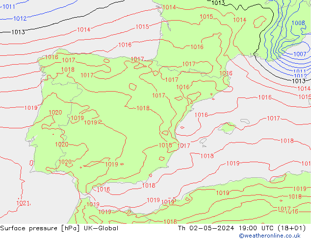 Atmosférický tlak UK-Global Čt 02.05.2024 19 UTC